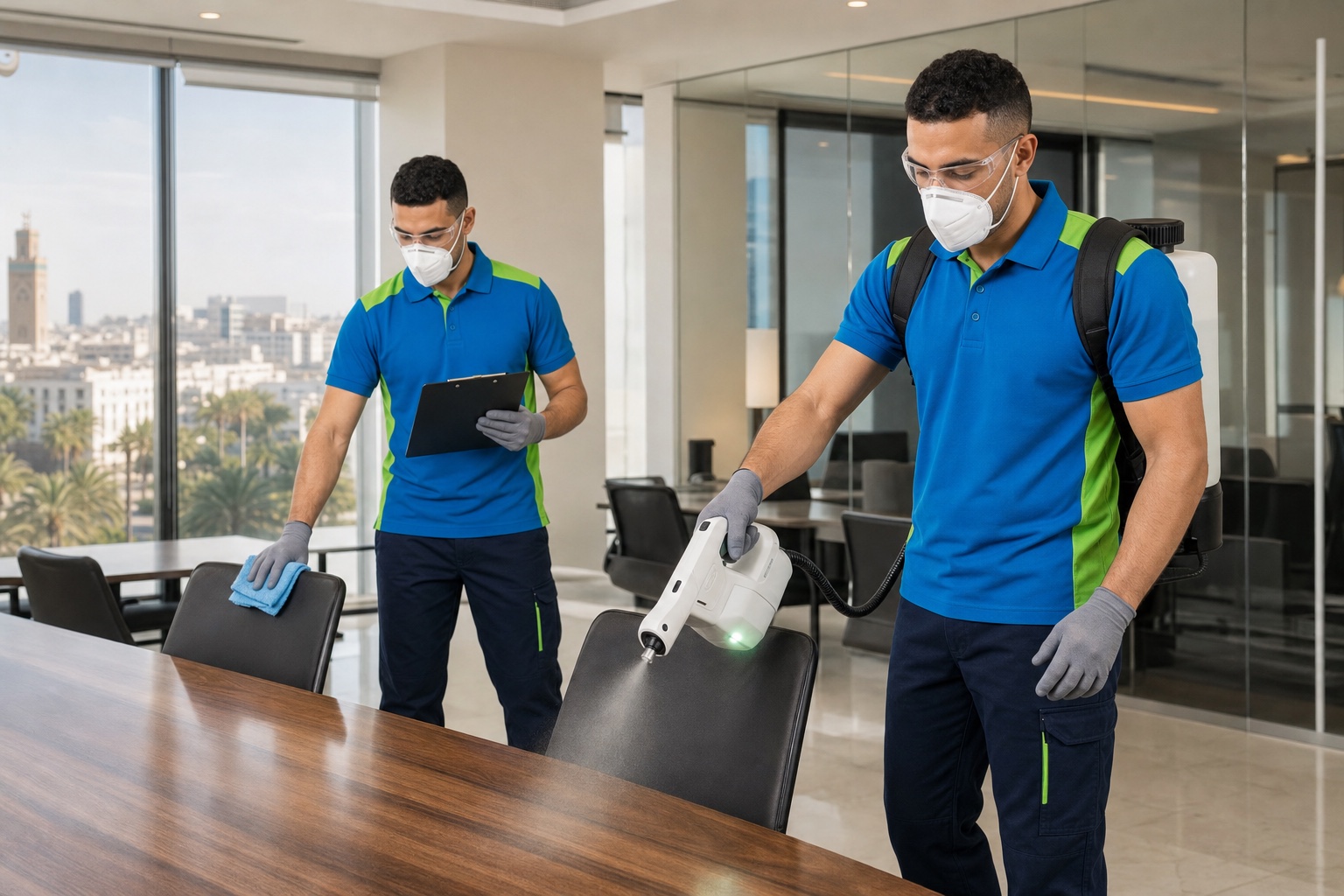 Équipe réalisant une désinfection professionnelle de bureaux