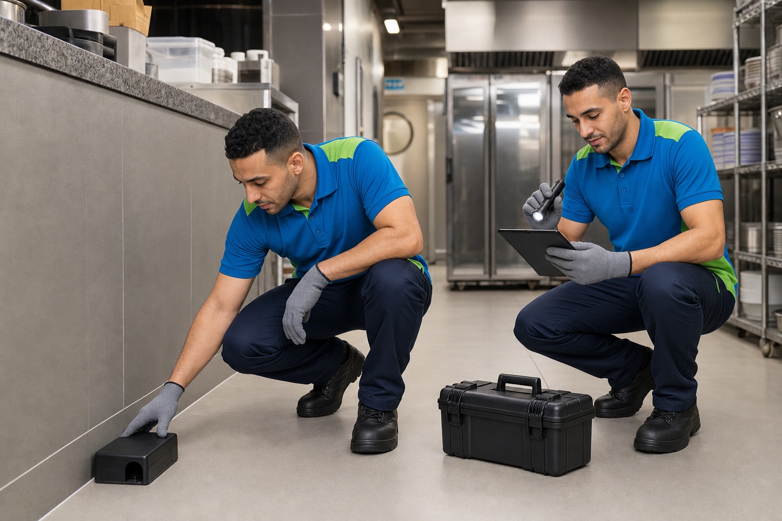 Techniciens inspectant un dispositif de prévention des nuisibles