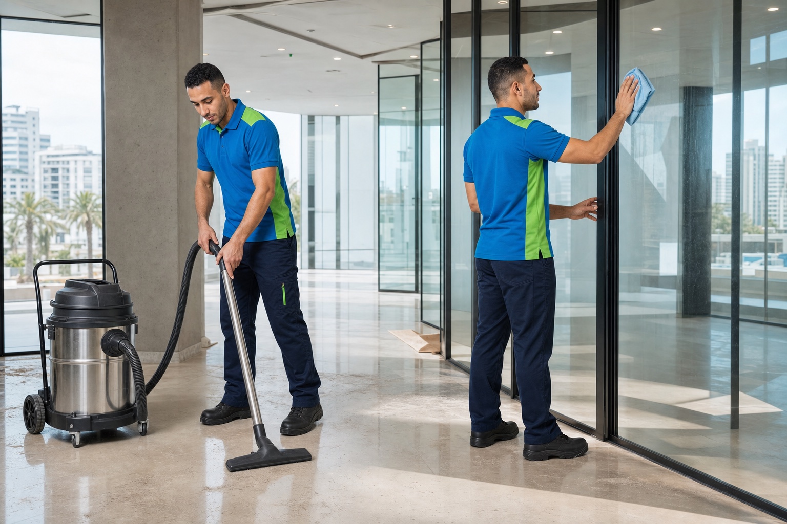 Équipe de nettoyage de fin de chantier dans des bureaux neufs