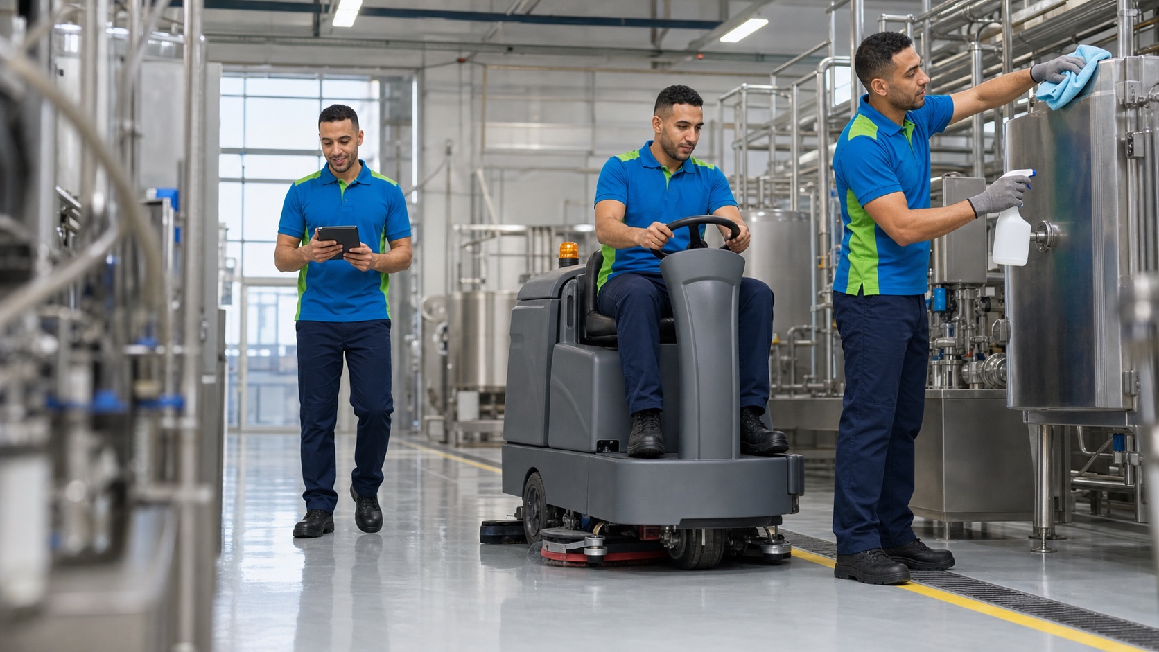 Équipe masculine de nettoyage industriel en intervention