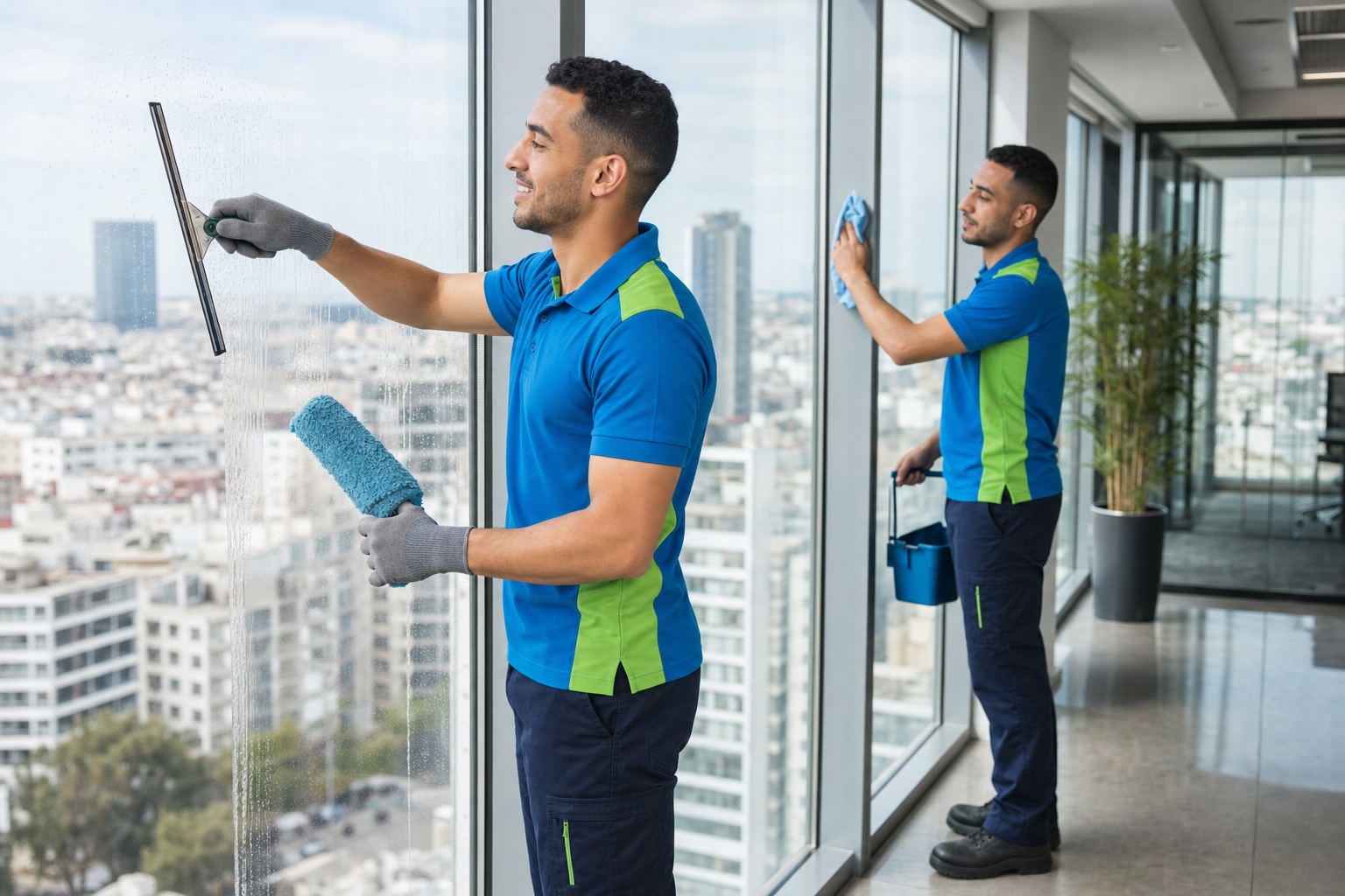 Techniciens nettoyant les vitres d'un immeuble de bureaux