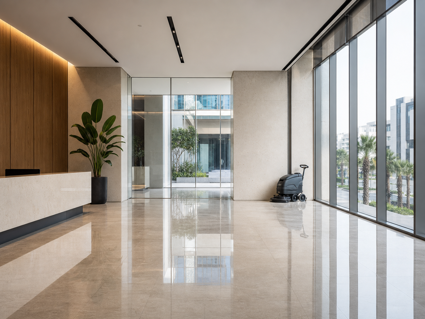Hall d'entreprise impeccable après entretien professionnel à Casablanca